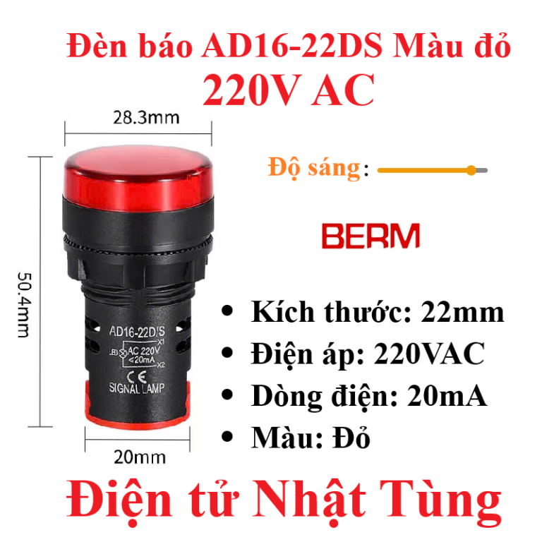 ĐÈN BÁO AD16-22DS MÀU ĐỎ 220VAC, ĐÈN BÁO PHI 22MM